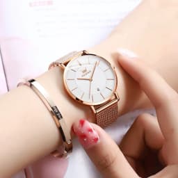 Thumbnail Đồng hồ đeo tay OLEVS 5869 dây đeo thép lưới siêu mỏng có lịch chống thấm nước màu vàng hồng thời trang cho nữ 2