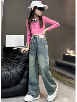 Thumbnail Quần Bò Ống Suông Quần Jean Ống Rộng Thời Trang Cho Các Bé Gái Cao Dưới 1m7  - Babimama - J104 3