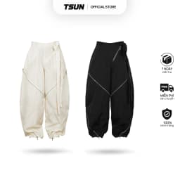 Thumbnail Quần Dài Dù Phối Dây Kéo Kim Loại - Màu Kem và Đen - Brand TSUN Chính Hãng [UNISEX] Form Ống Rộng 1