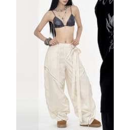 Thumbnail Quần Dài Dù Phối Dây Kéo Kim Loại - Màu Kem và Đen - Brand TSUN Chính Hãng [UNISEX] Form Ống Rộng 2