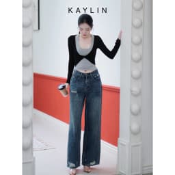 Thumbnail Quần Jean KAYLIN form Basic ống suông chất vải Denim dầy dặn phong cách - N2370 4