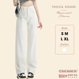 Thumbnail Quần jean nữ ống suông đứng trơn kaki trắng THOCA HOUSE thời thượng, sành điệu 1