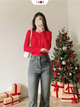 Thumbnail Quần Jean Ống Loe Nữ Thêu Thỏ Màu Đậm Dễ Phối Đồ ENVY J151 4