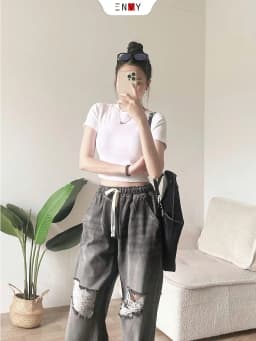 Thumbnail Quần Jean Ống Rộng Phối Rách Lưng Thun (trên 100cm) Freesize J159 3