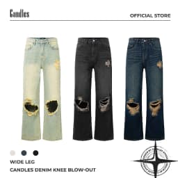 Thumbnail Quần Jeans Candles Denim Knee Blow-out Wide Leg Unisex 1