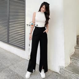 Thumbnail Quần ống loe nữ xẻ lai tây tuyết mưa lưng cao trơn đen THOCA HOUSE thời thượng, trendy 3