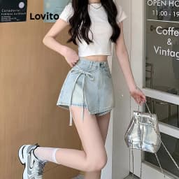 Thumbnail Quần short Lovito vải denim bất đối xứng màu trơn thời trang thường ngày cho nữ LNE66508 1