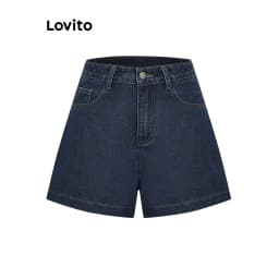 Thumbnail Quần short Lovito vải denim màu trơn phong cách thường ngày cho nữ L95ED915 2