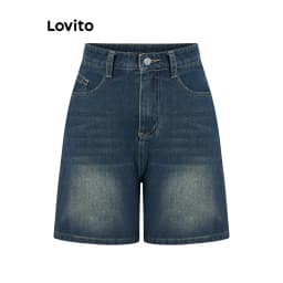 Thumbnail Quần short nữ jean cạp cao denim Lovito có túi màu trơn thường ngày cho nữ LNA19020 (Nhiều màu) 4