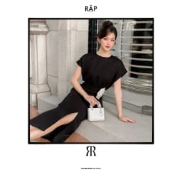 Thumbnail RẬP - Đầm Đen Cổ Tròn Tay Lỡ Cài Hoa Eo Nhún Thân Xẻ - XMAS 03 3