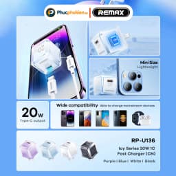 Thumbnail Remax U136 - Củ sạc nhanh 20w cổng Type C sạc nhanh 20w cho 14 pro max trở xuống - Phúc Phụ Kiện 3