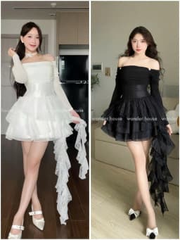 Thumbnail Richie Dress Wonderhouse Đầm trễ vai tay dài dáng xòe tua rua chất vải dày dặn dự tiệc, dạo phố sang trọng 1