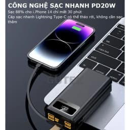 Thumbnail Sạc dự phòng 50000mAh sạc nhanh 100W pin dung lượng lớn có dây cắm nhiều điện thoại - Gutek GT205 2