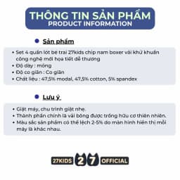 Thumbnail Set 4 quần lót bé trai 27kids chip nam boxer vải khử khuẩn công nghệ mới họa tiết dễ thương BSUW3 3