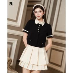 Thumbnail Set áo kiểu nữ Twentyfive dáng ngắn tay đính nơ áo AH122 và chân váy xếp ly hai tầng CH86 (Tách set) 1
