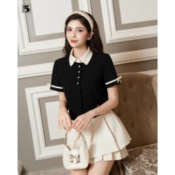 Thumbnail Set áo kiểu nữ Twentyfive dáng ngắn tay đính nơ áo AH122 và chân váy xếp ly hai tầng CH86 (Tách set) 2