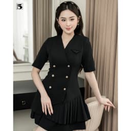 Thumbnail Set áo kiểu vest nữ Twentyfive dáng dài cổ V xếp ly gấu vạt chéo AH12 và chân váy xòe CQ06 (Tách lẻ) 2