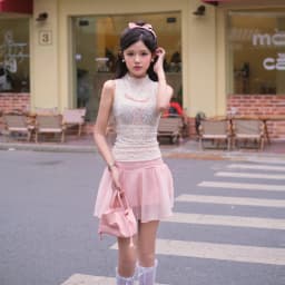 Thumbnail Set áo sát nách cổ lọ ren đính nơ phối chân váy xòe dáng ngắn màu hồng dành cho nữ BLOOMING [Có Tách Lẻ] - Simple Twist 1