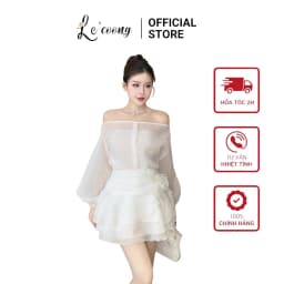 Thumbnail Set Áo Và Váy Đẹp Trễ Vai Dáng Ngắn LECOONG B132 Đầm Phối Hoa Tơ Màu Trắng Đen 1