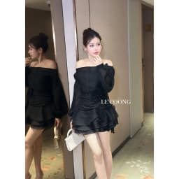 Thumbnail Set Áo Và Váy Đẹp Trễ Vai Dáng Ngắn LECOONG B132 Đầm Phối Hoa Tơ Màu Trắng Đen 2
