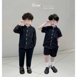 Thumbnail Set bộ đôi sơ mi cổ tàu Beemo cộc tay, dài tay vải giả bò mềm mại cho bé trai từ 9-24kg 23323B 1