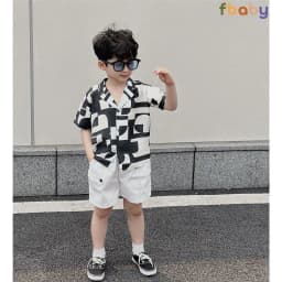 Thumbnail Set bộ sơ mi cộc tay bé trai áo đũi họa tiết công tử cổ vest quần kaki Fbaby FB0124 1