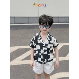 Thumbnail Set bộ sơ mi cộc tay bé trai áo đũi họa tiết công tử cổ vest quần kaki Fbaby FB0124 4
