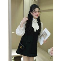 Thumbnail Set ĐầmTiểu Thư Dáng Suông Phối Sơ Mi Tay Bồng LECOONG B202 Đầm Đẹp Màu Đen Xám Đính Hoa Sang Chảnh 3