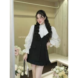 Thumbnail Set ĐầmTiểu Thư Dáng Suông Phối Sơ Mi Tay Bồng LECOONG B202 Đầm Đẹp Màu Đen Xám Đính Hoa Sang Chảnh 4