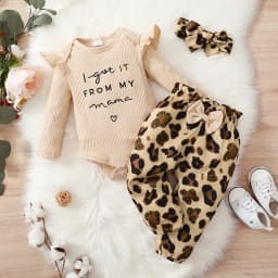 Thumbnail Set trang phục 3 mảnh MIKRDOO áo liền quần tay dài nhún bèo+quần+băng đô da báo thời trang mùa thu cho bé gái 2
