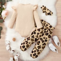 Thumbnail Set trang phục 3 mảnh MIKRDOO áo liền quần tay dài nhún bèo+quần+băng đô da báo thời trang mùa thu cho bé gái 3