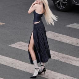 Thumbnail Sizzle Striped Split Thigh Skirt - Chân váy sọc midi xếp ly xẻ đùi 1