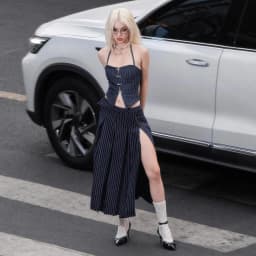 Thumbnail Sizzle Striped Split Thigh Skirt - Chân váy sọc midi xếp ly xẻ đùi 3