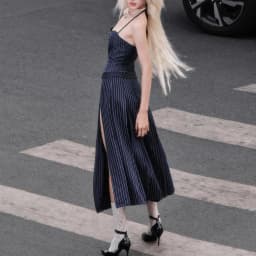 Thumbnail Sizzle Striped Split Thigh Skirt - Chân váy sọc midi xếp ly xẻ đùi 4