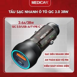 Thumbnail Tẩu sạc siêu nhanh ô tô 38W Medicar QC 3.0, cổng kép USB-A & Type C, cốc sạc nhanh xe hơi 12-24V chống cháy nổ 1