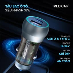 Thumbnail Tẩu sạc siêu nhanh ô tô 38W Medicar QC 3.0, cổng kép USB-A & Type C, cốc sạc nhanh xe hơi 12-24V chống cháy nổ 2