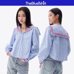 Thumbnail TheBlueTshirt - Áo kiểu kẻ sọc caro cổ thuỷ thủ viền ren zigzag cho nữ - School Girl Shirt - Women 1