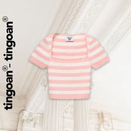 Thumbnail TINGOAN® Áo len crop lửng ngắn tay cổ vuông kẻ trắng hồng BORA BORA TOP/PK phiên bản mới nhất tháng 6.2024 1