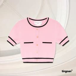 Thumbnail TINGOAN® - Áo len ngắn tay viền đen chống nhăn hồng ALISSA TOP/PK 1