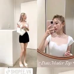 Thumbnail TINGOAN® - Áo len xù ngắn tay cổ lượn viền trắng DATE MAKER TOP/WH PHIÊN BẢN MỚI NHẤT T6.2024 2
