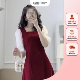 Thumbnail Váy đầm nhung đỏ dài tay trắng phối 2 cổ vuông dáng xoè thanh lịch YAME 1