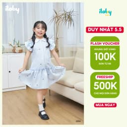Thumbnail Váy cho bé gái ILABY chất thô kẻ in họa tiết nơ tay cánh tiên nhún bèo cổ sen [2894] 1