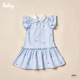 Thumbnail Váy cho bé gái ILABY chất thô kẻ in họa tiết nơ tay cánh tiên nhún bèo cổ sen [2894] 3