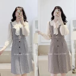 Thumbnail Váy dạ 2 lớp tay áo voan tơ mềm kèm đai belt màu nâu, xanh đen Chubby Dress YAME 2
