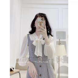 Thumbnail Váy dạ 2 lớp tay áo voan tơ mềm kèm đai belt màu nâu, xanh đen Chubby Dress YAME 4