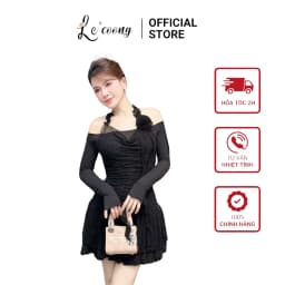 Thumbnail Váy Đẹp Dáng Ngắn Phối Ren Xếp Tầng LECOONG V676 Đầm Tiểu Thư Trễ Vai Màu Be Đen 1