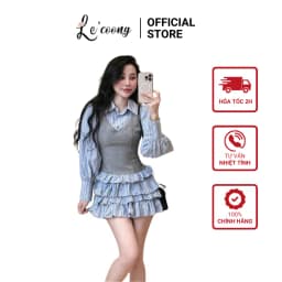 Thumbnail Váy Đẹp Dáng Ngắn Xếp Tầng LECOONG V745 Đầm Tiểu Thư Màu Xanh Phối Gile Sang Chảnh 1