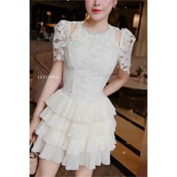 Thumbnail Váy Đẹp Đi Tiệc Phối Ren Hoa Xếp Tầng LECOONG V774  Đầm Tiểu Thư Dáng Ngắn Màu Be Sang Chảnh 3