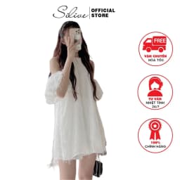 Thumbnail Váy hở vai Glandie Lông vũ, kim tuyến thiết kế cổ yếm, tay bồng. 1