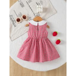 Thumbnail Váy mùa hè ngọt ngào cho bé gái 3-24 tháng: Váy chuyển số chữ A không tay có cổ Peter Pan & Thêu dâu & Gingham đỏ-Trắng – Đáng yêu 1